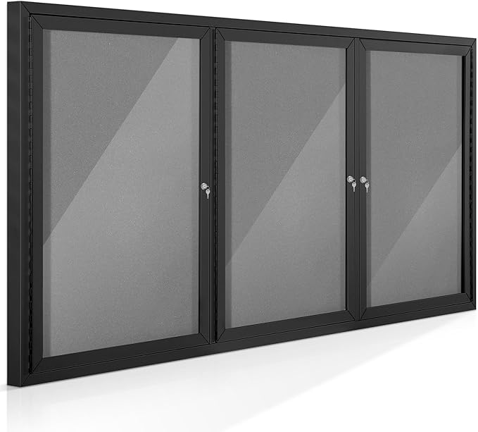 SWANCROWN Outdoor Bulletin Board 70x36in, Enclosed Bulletin Board with Locking Door for Office School Commerce, Grey Felt, Black Aluminum Frame