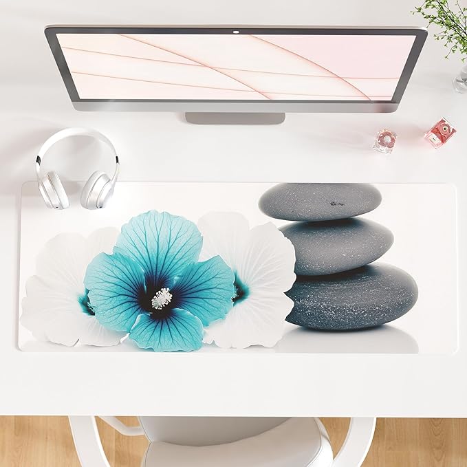 QIYI Desk Pad, Non-Slip PU Leather Desk Blotter Protector, Kids Floral Print Waterproof Computer Desk Mat, Thick Home & Office Large Keyboard Mouse Pad 31.5" x 11.8" - Pebbles & Blue White Flowers
