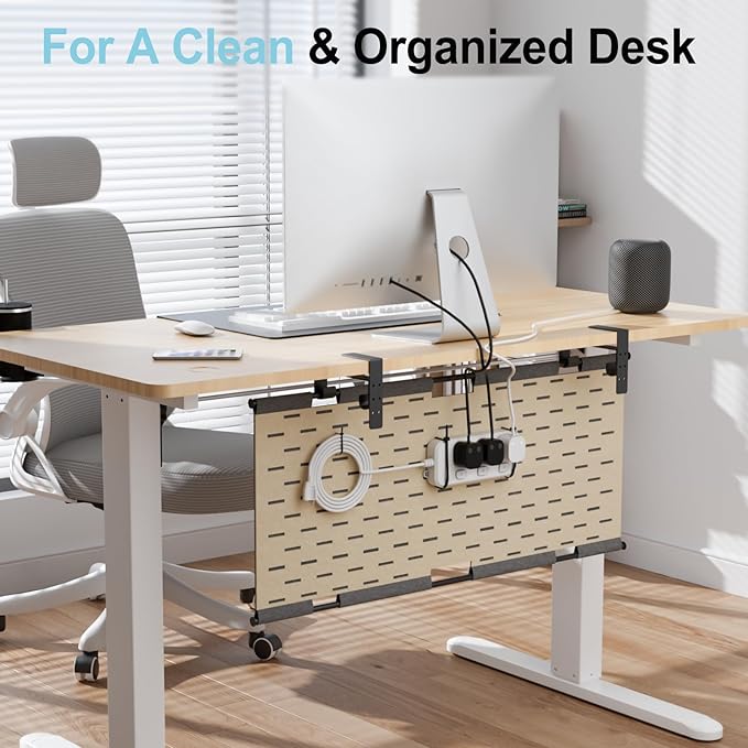 2-in-1 Under Desk Cable Management Tray & Privacy Panel, Dual-Sided Felt Cord Organizer to Hide Wires and Clutter, Desk Mount Cord Holder for Office and Home, Clamp or Screw Mount (Gray/Khaki, 45.3")