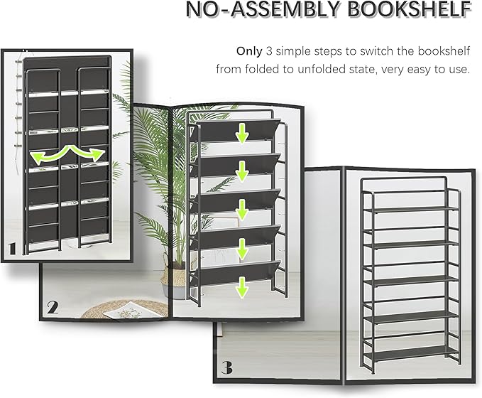 4NM No Assembly Extra Wide 5 Tiers Folding Bookshelf Storage Shelves Vintage Bookcase Standing Racks Study Organizer Home Office (All Black)