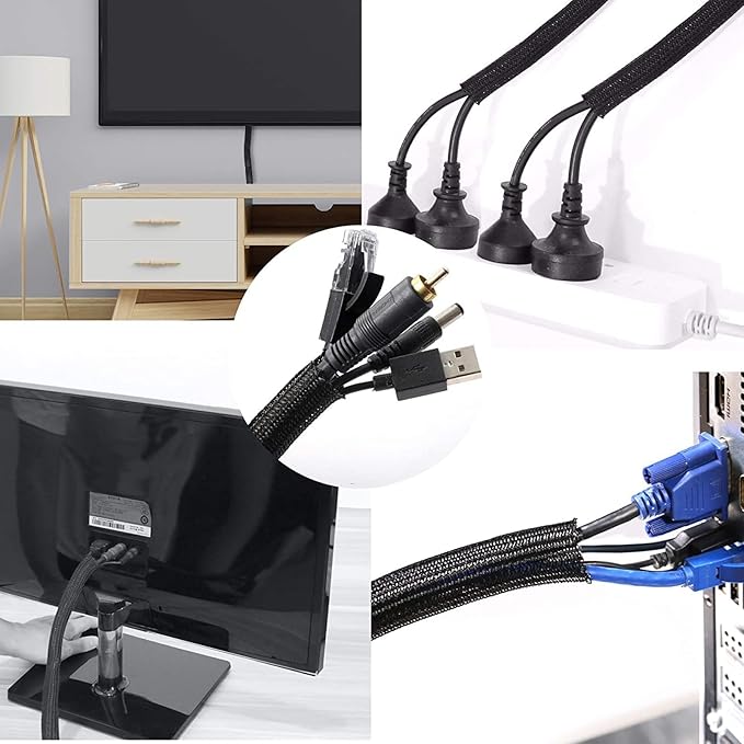 QCSIW 3/8"-25ft Cord Protector Wire Loom Tubing Split Sleeve Cable Sleeve for USB Power Audio Video Cables - Pet Chewing Protection, Flexible Cable Management Cover - Black