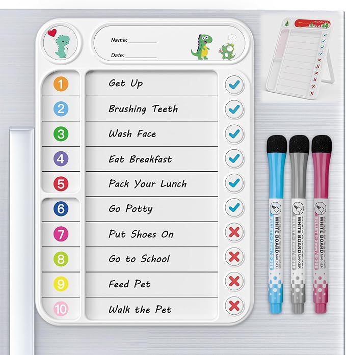 Magnetic Chore Chart for Kids, ADHD Task Tracker Easy-Check Routine Dry Erase Board, to-Do List Planning Tool with Stand for Fridge/Desk/Home/School, 6 Reusable Sheets, 3 Markers