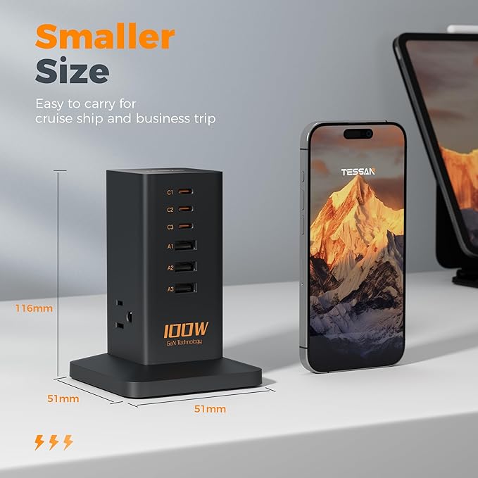 Charging Station PD 100W, TESSAN 9-in-1 USB C Power Strip for iPhone 17/16/15, MacBook, Tablet, Desktop Phone Fast Charger with 3 AC, 3 USB-A Ports, Home Drom Office Accessories
