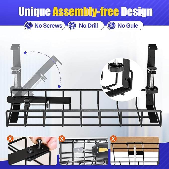 Under Desk Cable Management Tray, Xpatee Upgraded Wire Management No Drill No Screws, Cable Tray with Clamp for Wire Organizers, Computer Cord Rack for Office, Home - No Damage to Desk Black