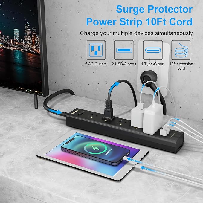 10FT Long Surge Protector Power Strip-with 5 Widely Outlets and 3 USB Ports(1 USB C Port),10 Foot Extension Cord(1250W/10A),Wall Mount for Home Office,700 J,Black(2 Pack)