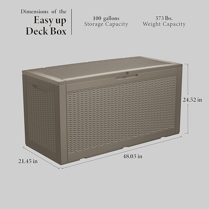 TARKARI 100 Gallon Lockable Resin Deck Box, Waterproof & UV-Resistant Outdoor Storage Box for Outdoor Cushion Storage, Garden Tools & Pool Accessories Storage, Gray