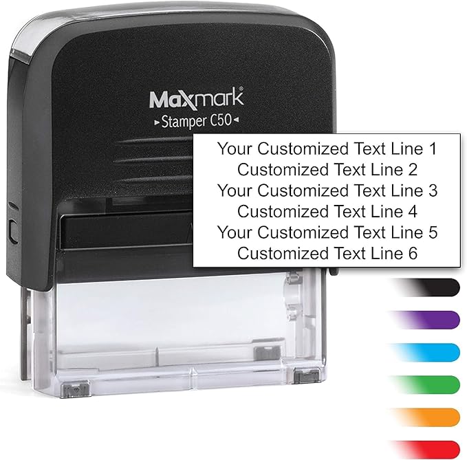 Custom Self Inking Rubber Stamp - Up to 6 Lines of Text - Choose from 15 Ink Colors - X-Large Size