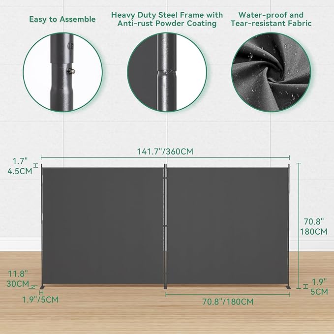 Helios&Hestia 2-Panel 6 ft Tall Indoor Folding Room Divider, Portable Privacy Screen, Freestanding Partition Separator, Temporary Wall Separation for Bedroom, Office, 142" W X 71" H, Dark Grey