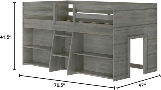 Modern Farmhouse Low Loft Bed, Twin Bed Frame for Kids with 2 Bookcases, Driftwood