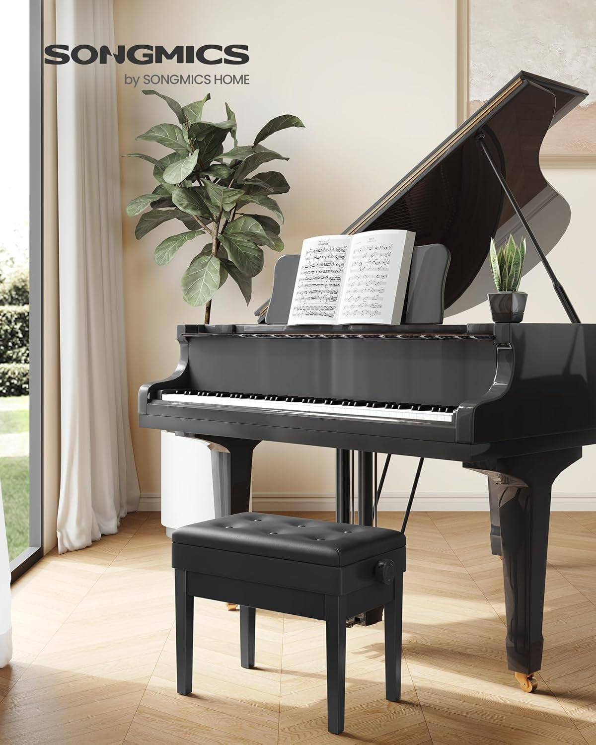 Adjustable Wooden Piano Bench Stool with Sheet Music Storage Black ULPB57H