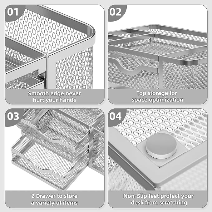 Marbrasse Mesh Desk Organizer, Pen Organizer with 2 Drawer, Multi-Functional Pencil Holder, Desk Organizers and Accessories with 5 Compartments + Drawer for Office Art Supplies (Silver)