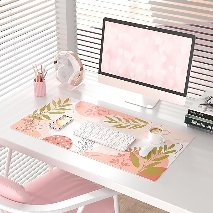 QIYI Large Mouse Pad, Cute Desk Mat for Desktop, Women Girls Minimalist Pink Office Desk Accessories, PU Leather Waterproof Gaming Mousepad, Tropical Leaves Desk Pad Computer Mat, 31.5" x 15.7"