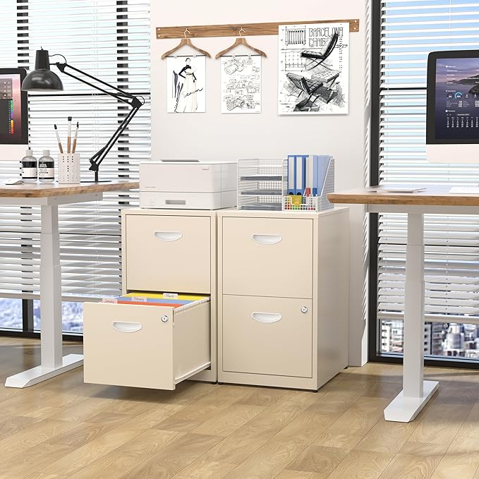 Kubohogar 2 Drawer File Cabinet with Lock,Cream Metal Filing Cabinets,Vertical Locking File Cabinet Fit Hanging Files, Letter,File Box and A4 Documents(Cream)
