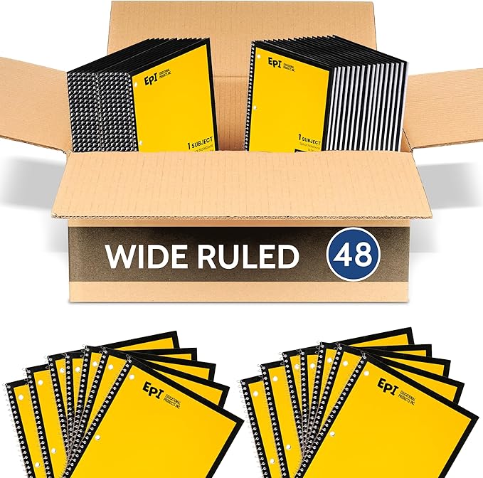 EPI Spiral Notebook | Wide - 70 Sheets, Durable Spiral Binding | 10.5 x 8 in | Classroom Supplies | School, Office, Note Taking, Journaling - 48 Pack