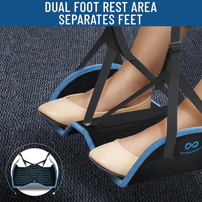 Everlasting Comfort Airplane Foot Hammock - Memory Foam Foot Rest for Plane Travel - Portable Foot Rest for Air Travel, Desk & Car - Airplane Essentials Foot Hammock for Plane Travel