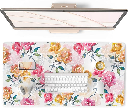 QIYI Floral Mouse Pad, Watercolor Flowers Desk Mat for Desktop, Women Girls Office Décor Accessories, PU Leather Waterproof Gaming Mousepad, Pink Yellow Peonies Desk Pad Computer Mat, 31.5" x 15.7"
