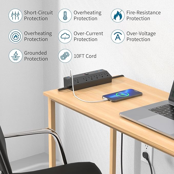 Desk Clamp Power Strip 2 USB C Desktop Mount Outlet Charging Station, 10FT Extension Cord Flat Plug with 6 AC, Removable 40W Fast Charging Surge Protector Power Strip Fits 1.8" Office Tabletop Edge