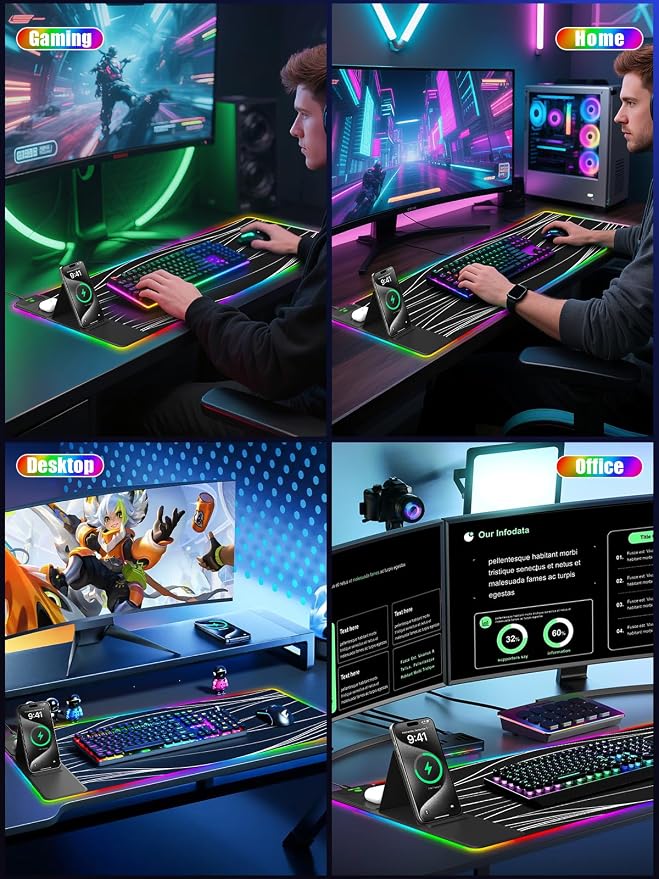Mouse Pad with Foldable Phone Holder & Wireless Charger, XXL RGB Gaming Mousepad 31.5"x15.8" Large Desk Mat for Keyboard, Black Desk Pad with Dual Qi Charging Station | 11 Colors 5 Modes | Waterproof