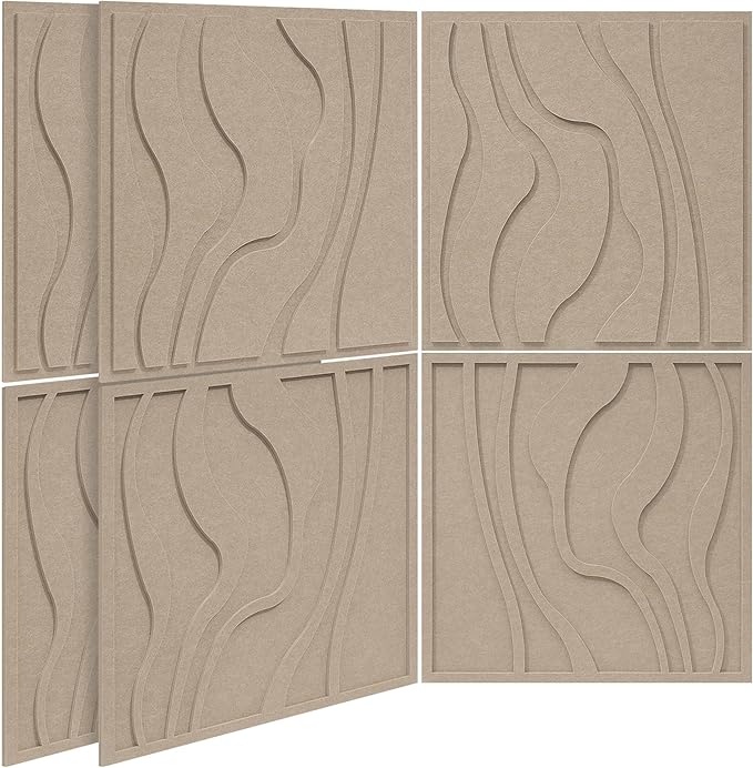 BUBOS Large Acoustic Panels, 6-Pack Soundproof Wall Panels Thickened 23.6 x 23.6 Inches, Self-adhesive Sound Absorbing Panels Decorative for Recording Studio Office Home Theater, Camel