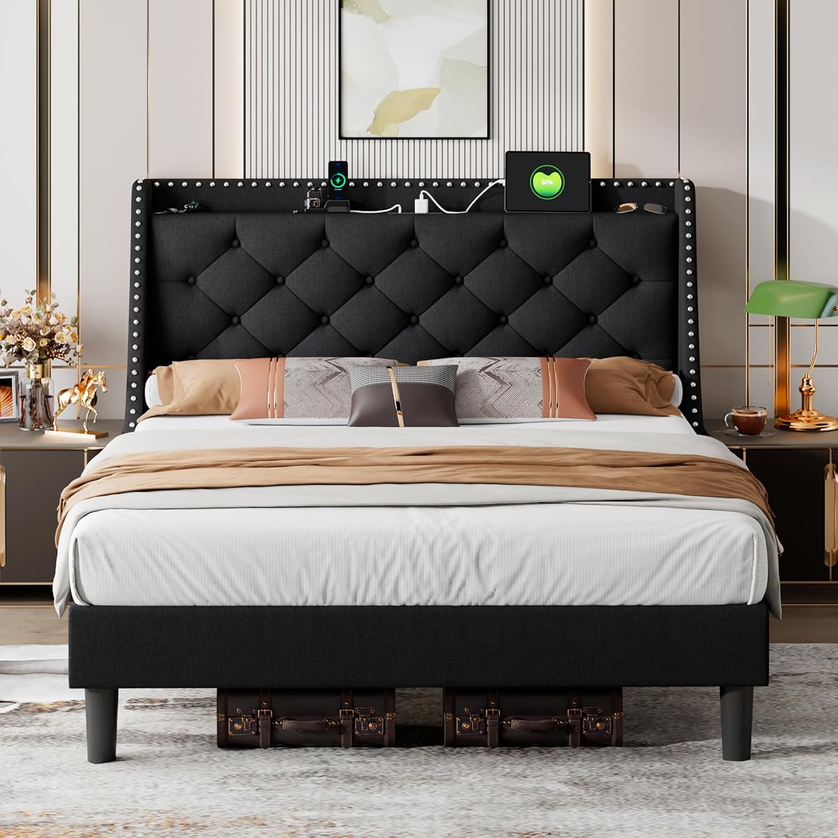 Queen Bed Frame with 16" Comfort Wingback & Charging Station,Upholstered Platform Bed with Button Tufted Storage Headboard, Solid Wood Slats Support, No Box Spring Needed, Black