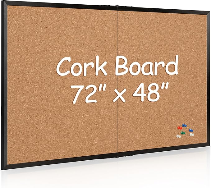 Board2by Extra Large Cork Bulletin Board 72" X 48", Foldable Notice Pin Board for Wall, Black Wood Framed 6'x4' Corkboard, Wall Mounted Noticeboard with 32 Push Pins for School, Home & Office