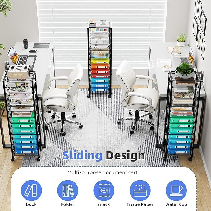 Simple Trending 14 Tier Rolling File Cart, Desk File Organizer with Sliding Trays and Wetal Mesh Paper Letter Storage Multi-Functional Rolling Clutter Cart for Office, Home, School, Black