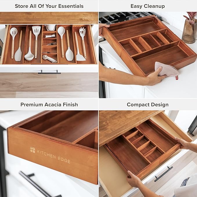 KitchenEdge Adjustable Kitchen Drawer Organizer for Utensils and Junk, Food-Safe Contract Grade with 100% Sustainable Wood, Non-Slip, Expandable from 18.5 to 33 Inches Wide - Natural Acacia