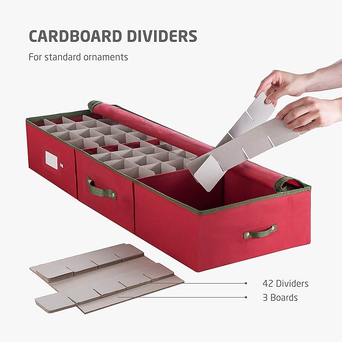 ZOBER Underbed Christmas Ornament Storage Box - Stores 120 3" Ornaments, With Dividers - Tear Proof 600D Oxford Fabric, Ornament Organizer Storage Box, Durable Christmas Containers Holder - Red