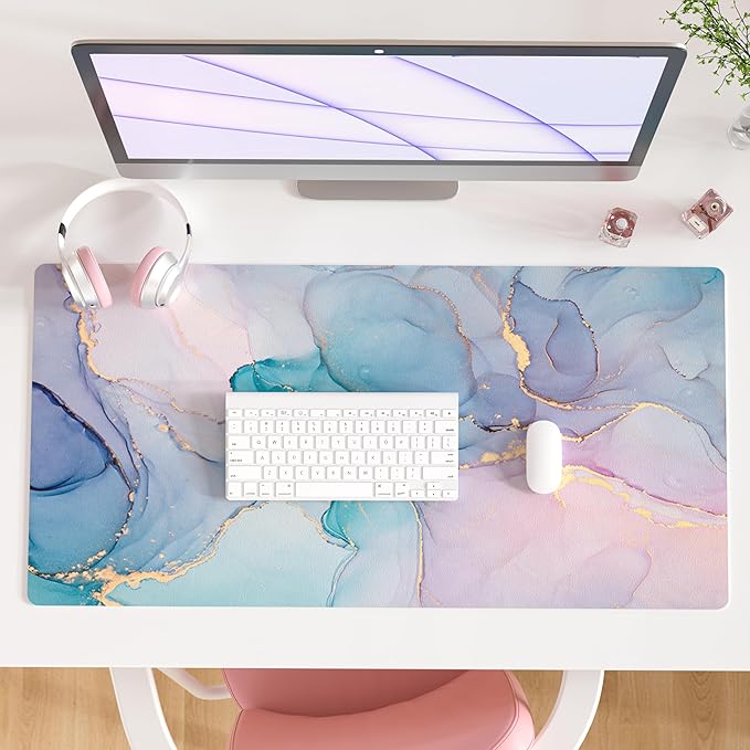 QIYI Large Mouse Pad, PU Leather Desk Mat for Desktop, Waterproof Gaming Desk Pad, Marble Full Desk Accessories Keyboard Mousepad, Abstract Art Home Office Décor 31.5" x 15.7" - Blue Pink Fluid