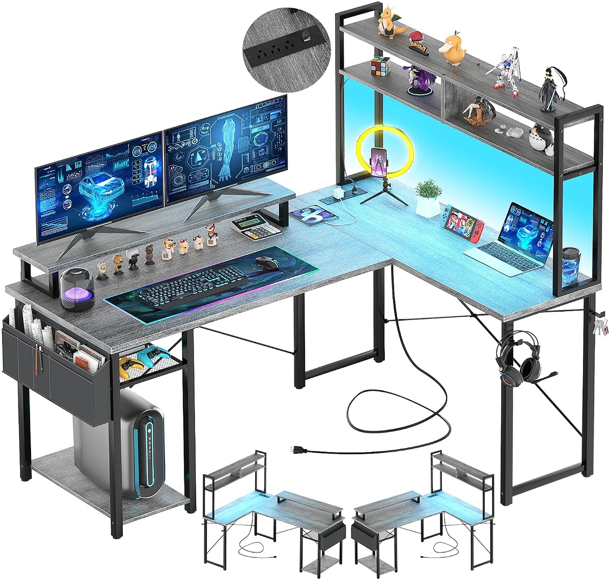 Small L Shaped Desk Gaming Desk with LED Lights & Power Outlets