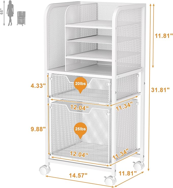 Feyejade Rolling File Cart with 2 Drawers, White File Cabinet Organizer for Hanging File Folders, Letter-Size File Storage with Wheels, Multi-Layer Mobile Filing Cabinet for Office and Home, White