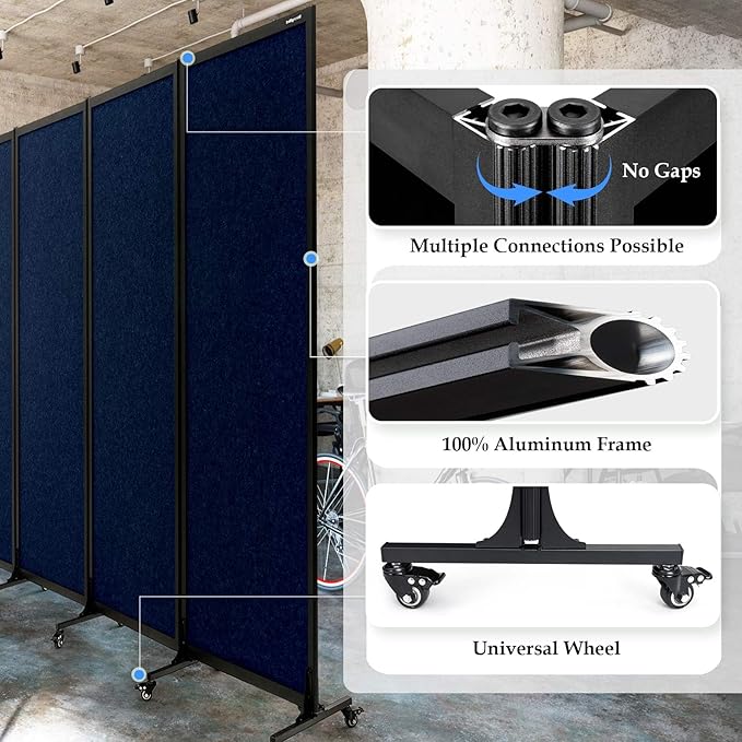 Upgrade Version Room Partition and Divider, Freestanding Rolling Dividers with Wheels,Office Privacy Screen Divider Wall,Classroom Felt Dividers,8'2"L* 6'7"H,4 Panel，Blue