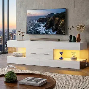60 Inch White Modern TV Stand, LED Entertainment Center Console