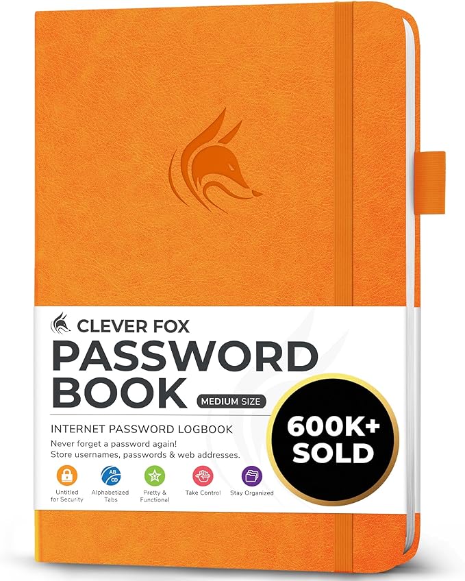 Clever Fox Password Book with alphabetical tabs. Internet Address Organizer Logbook. Medium Password Keeper for Website Logins (Yellow)