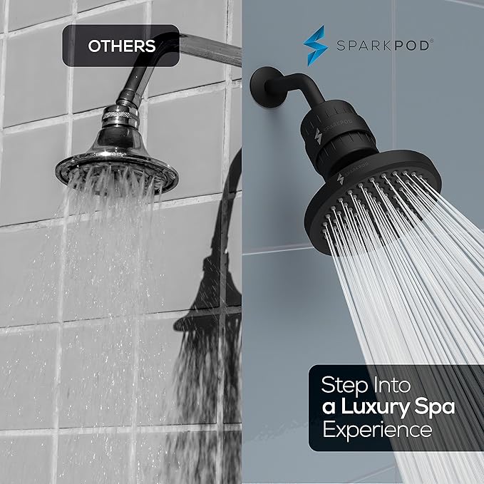 SparkPod Luxury Filtered Shower Head Set 23 Stage Shower Filter - Reduces Chlorine and Heavy Metals - High Pressure Showerhead Filter (6" Round, Midnight Black Matte)