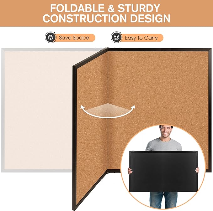 Board2by Extra Large Cork Bulletin Board 72" X 48", Foldable Notice Pin Board for Wall, Black Wood Framed 6'x4' Corkboard, Wall Mounted Noticeboard with 32 Push Pins for School, Home & Office