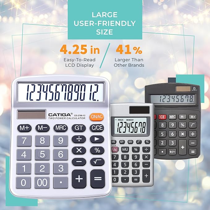CATIGA 12 Digits Desktop Calculator with Large LCD Display, Dual Solar Power and Battery, Standard Function for Office, Home, School, CD-2786