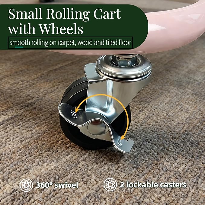 LIWNYRK 2 Tier Rolling Cart with Wheels for Under Desk Storage, Pink Small Rolling Pantry Storage Cart for Small Space, Metal Short Utility Shelf for Vanity Kitchen Bathrrom Laundry Organization