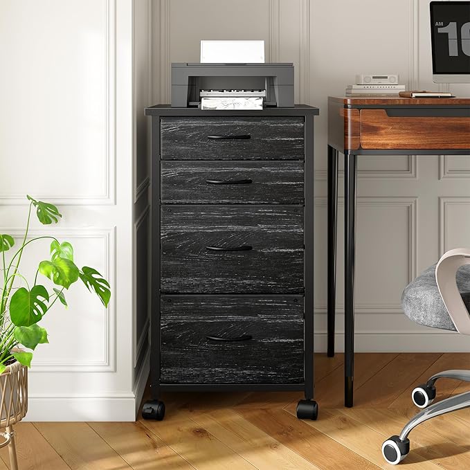 4 Drawers Mobile File Cabinet Vertical Filing Cabinet with Fabric Drawer Fits A4/Letter Size Printer Stand for Home Office，Black