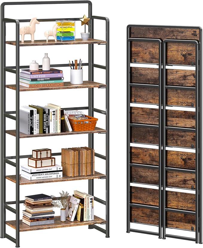 4NM No Assembly 5 Tiers Folding Bookshelf Storage Shelves Vintage Bookcase Standing Racks Study Organizer Home Office (Rustic Brown Black)