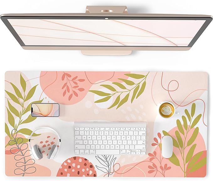 QIYI Large Mouse Pad, Cute Desk Mat for Desktop, Women Girls Minimalist Pink Office Desk Accessories, PU Leather Waterproof Gaming Mousepad, Tropical Leaves Desk Pad Computer Mat, 31.5" x 15.7"