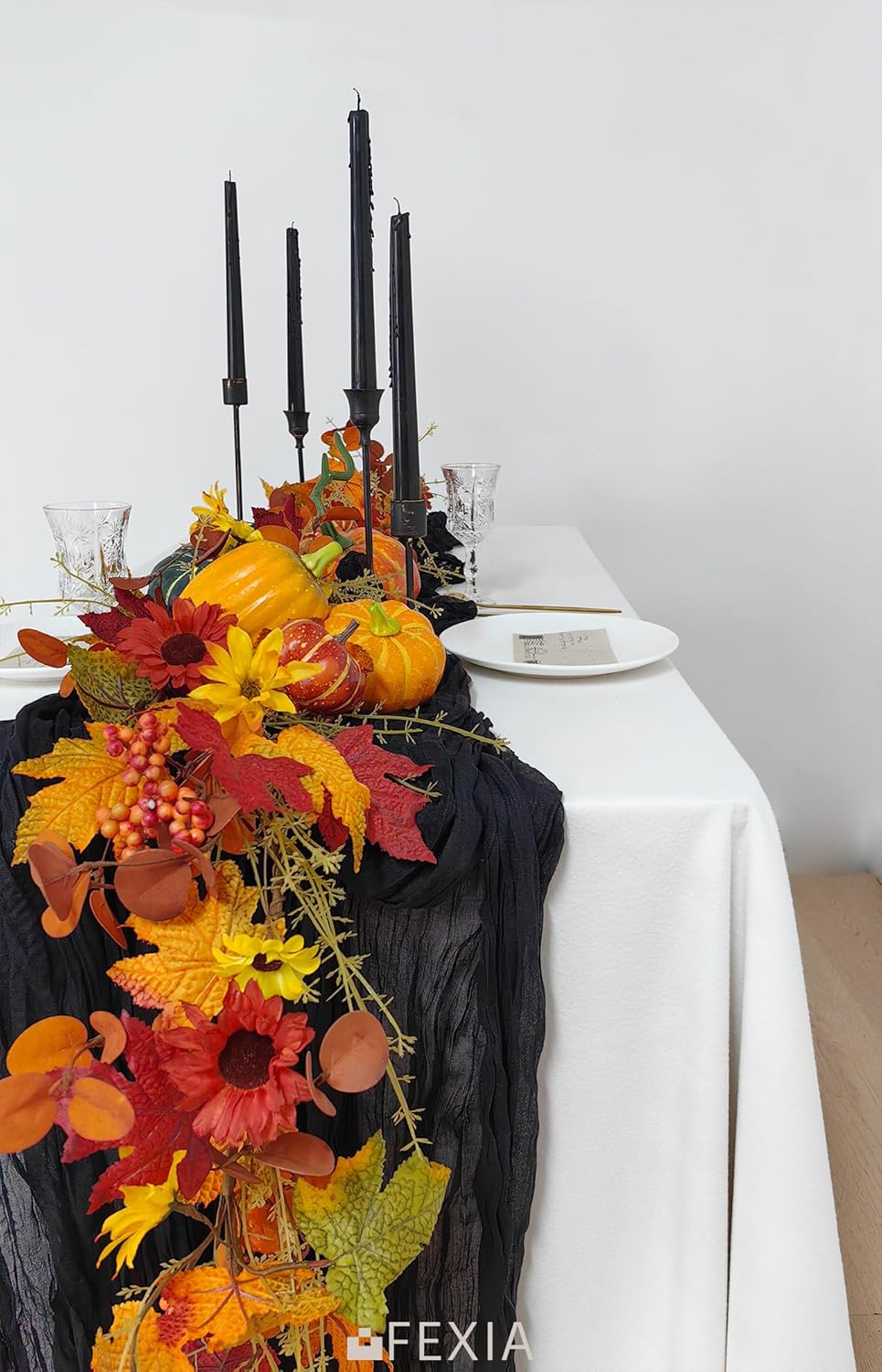 FEXIA 6 Pack Black Table Runner 35x120 Inches Gauze Rustic Farmhouse Gothic Decor for Halloween Thanksgiving First Communion Centerpiece Table Decorations (Black)