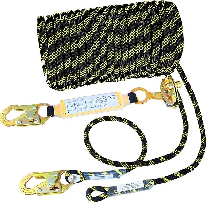 100FT Vertical Lifeline Assembly, Heavy Duty Fall Protection Safety Rope with Rope Grab, Steel Snap Hooks & Shock Absorber, Tree Climbing High-Altitude Safety Line Kit, ANSI CE
