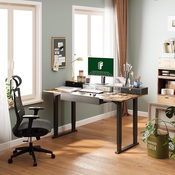 FLEXISPOT 63x32 in 4-Leg Standing Desk with Storage Electric Adjustable Height with 3 Drawers & Shelving Home Office Workstation (Black + Special Walnut Top)
