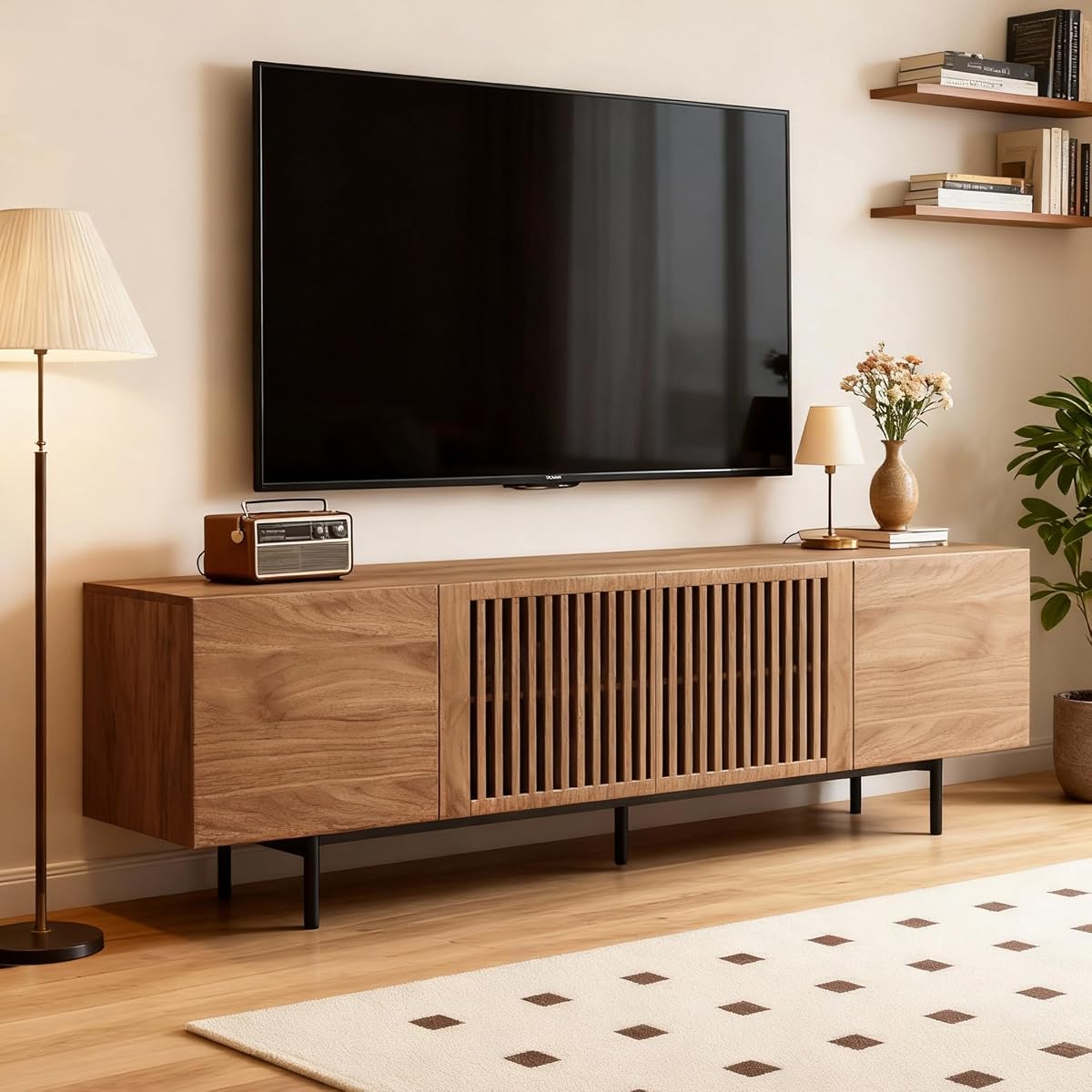 71" Mid-Century TV Stand 4 Cabinets Walnut Media Console