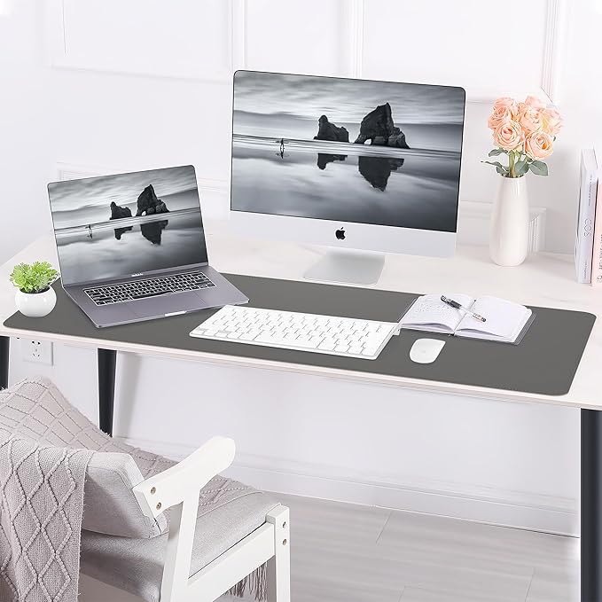 Leather Desk pad Protector, Large Desk mat with Natural Cork & PU Leather,Mouse pad,Non-Slip Office Desk Mat,Waterproof Desk Writing Pad for Office and Home (47in*23.7in,Dark Grey)