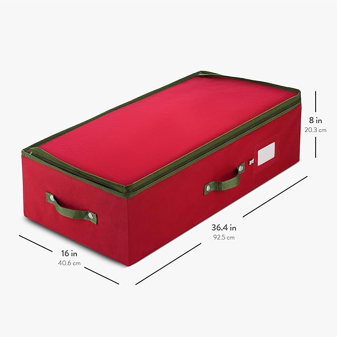 ZOBER Underbed Christmas Ornament Storage Box - Stores 72 Large 4" Ornaments, With Dividers - Tear Proof 600D Oxford Fabric, Ornament Organizer Storage Box, Durable Christmas Containers Holder - Red