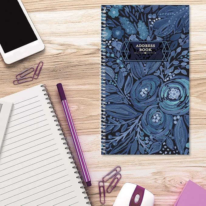 Navy Blossoms Address Book - 94 Pages; 5" x 8-1/2", Spiral-Bound, 50 Replacement Cover Stickers