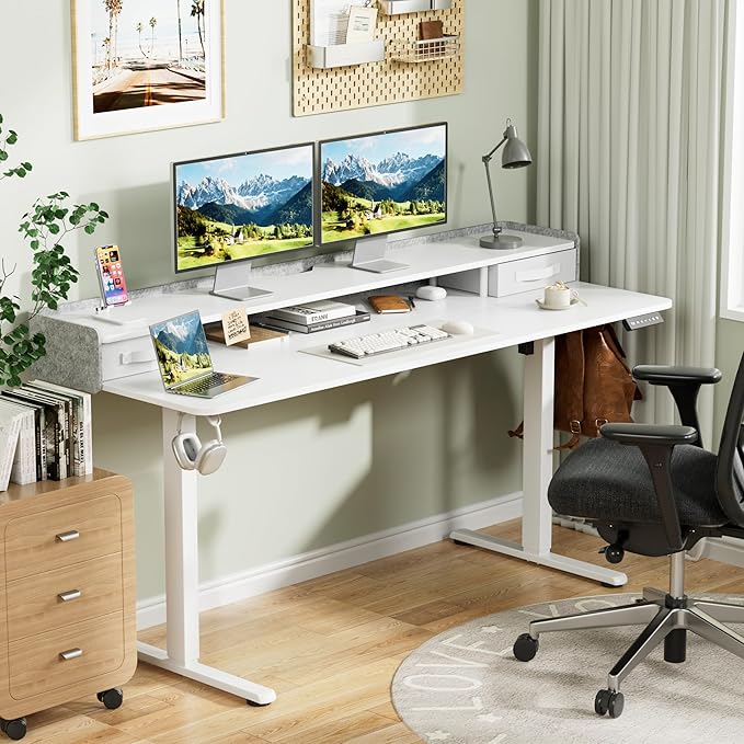 Homall Electric Standing Desk with 2 Drawers, Adjustable Height Computer Desk with Monitor Shelf Sit Stand Table with Splice Board Quick Install for Home Office (White, 63 Inch)