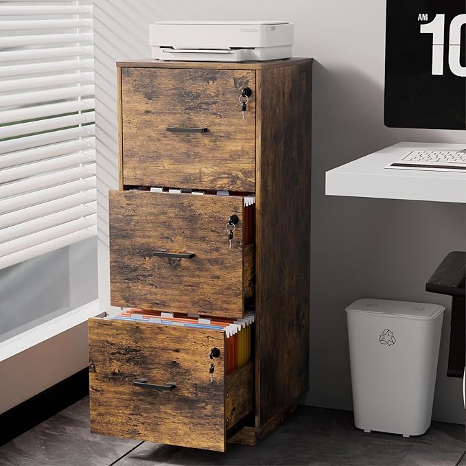 VINGLI 3 Drawer File Cabinet with Lock, Home Office Filing Organizer, for Letter Size File Folder Storage, Wood Tall Vertical Filing Cabinet, Printer Stand, Archivador (Rustic Brown)